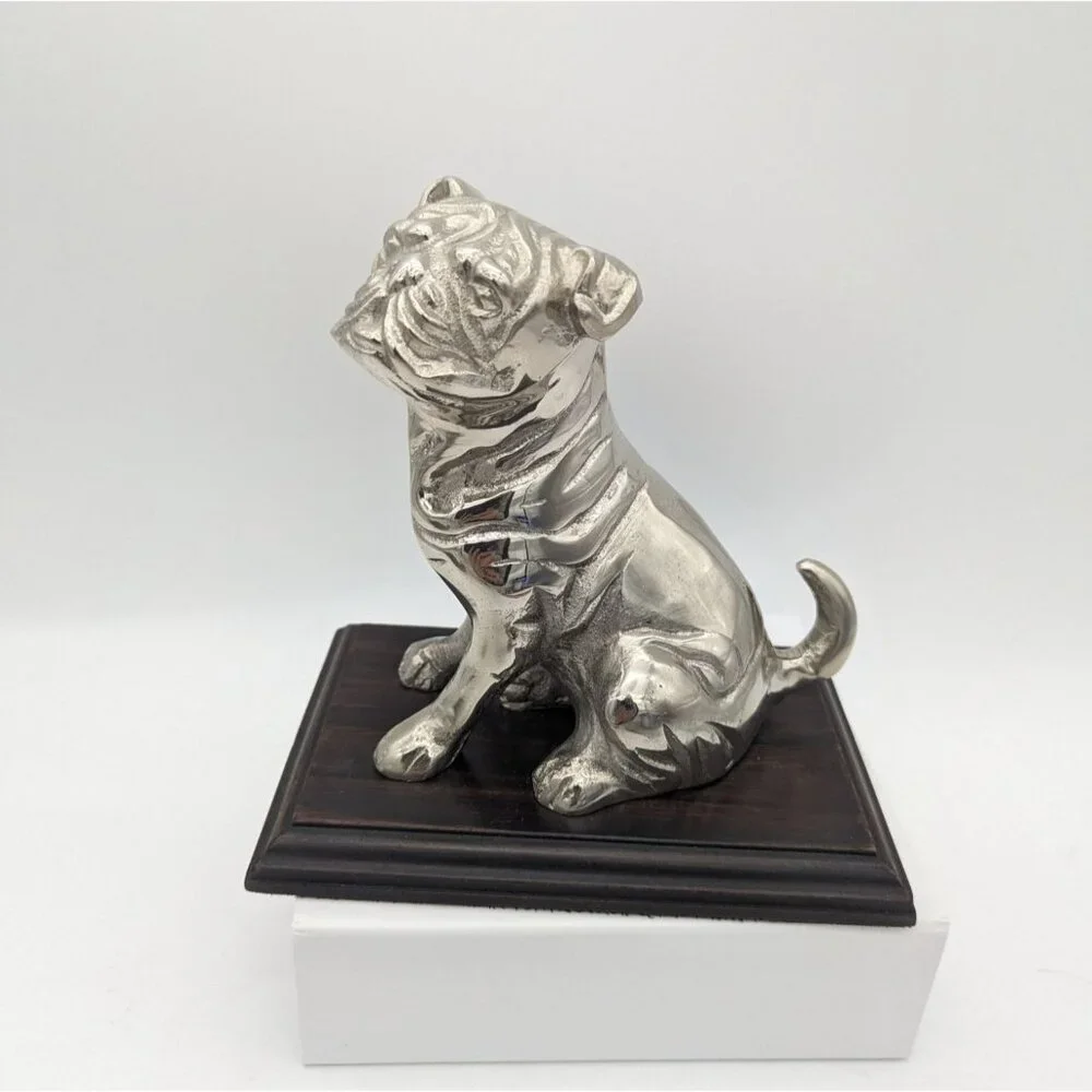 Cast Aluminum Pug/Bulldog Figurine‎ On Wooden Stand 7